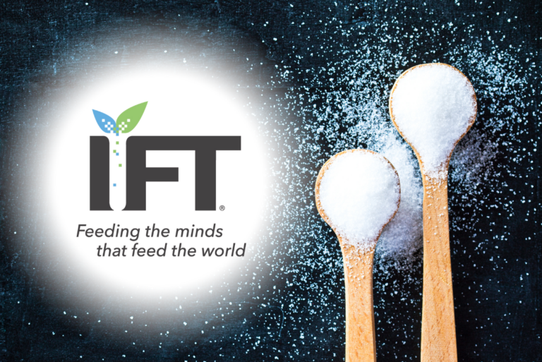 Institute of Food Technologists (IFT) logo and spoons of sugar on dark background