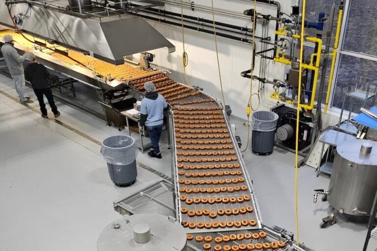 Aerial view of donut production line