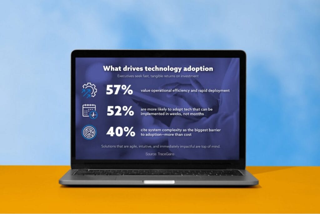 TraceGains "Digital Drag" report statistics on a laptop screen with a blue and orange background