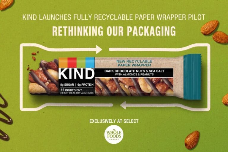 Photo of individiually wrapped Kind Snacks Dark Chocolate Nuts & Sea Salt bar with paper wrapper