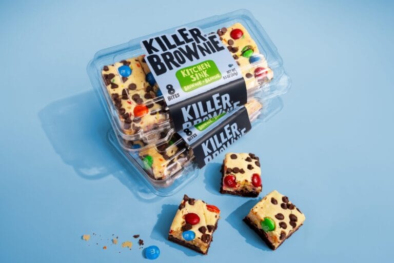 Box of Killer Brownie Kitchen Sink desserts on light blue backdrop
