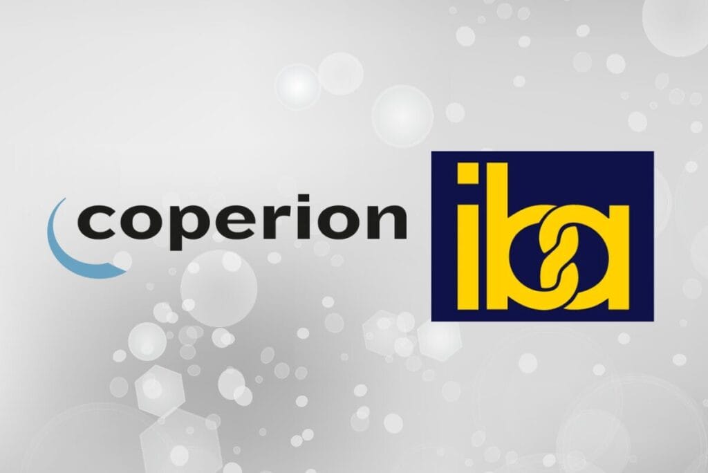 Coperion and iba logos on grey background