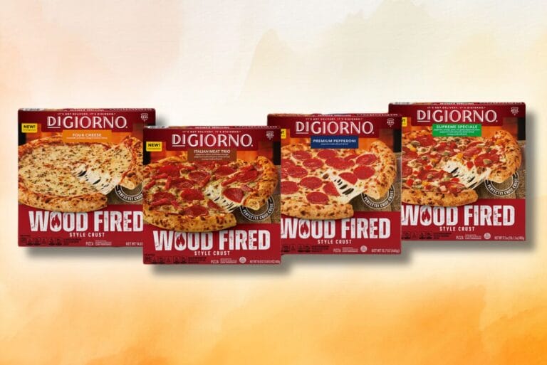 DiGiorno wood fired pizzas on gradient orange background