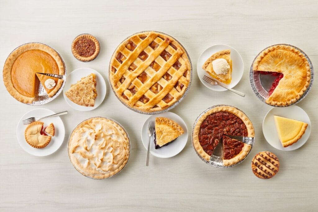 Counter covered in assorted Rise Baking Co. pies