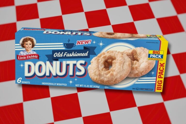 Little Debbie Big Pack Old Fashioned Donuts box on red checkerboard background