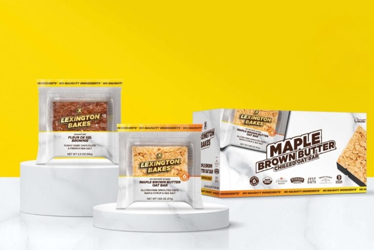 LXB’s Maple Brown Butter Chilled Oat Bar and Fleur de Sel Brownie on yellow background