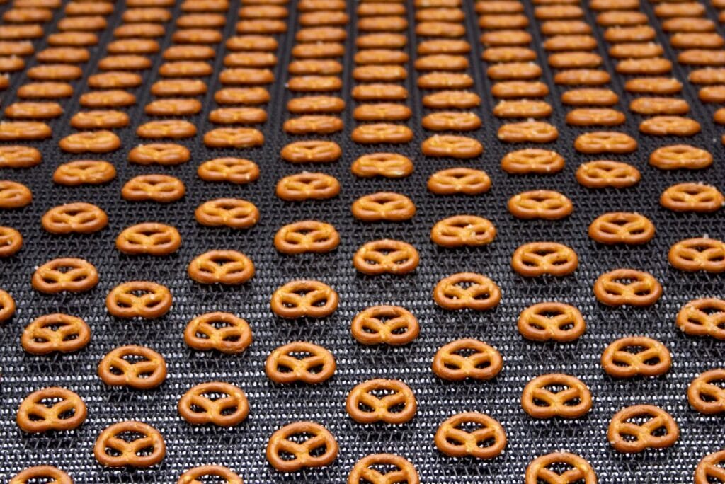mini pretzels on production line