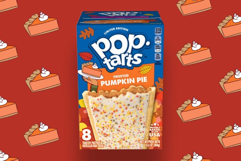 Box of Pop-Tarts Frosted Pumpkin PIe with red pumpkin pie slice background