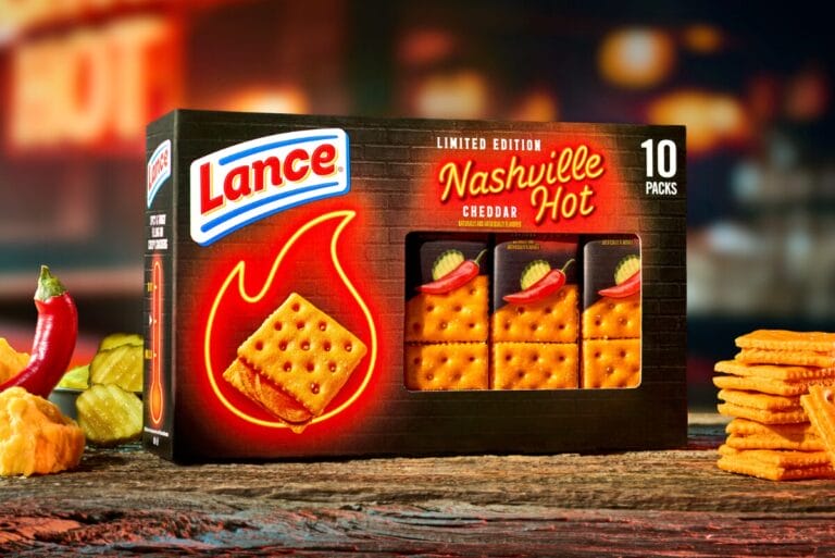 Box of Lance Nashville Hot sandwich crackers on wooden counter