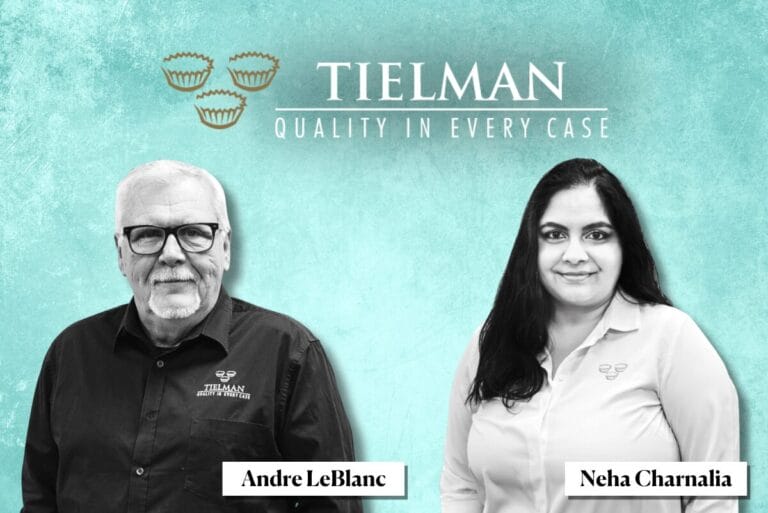 Tielman Group logo with black and white images of Andre LeBlanc and Neha Charnalia