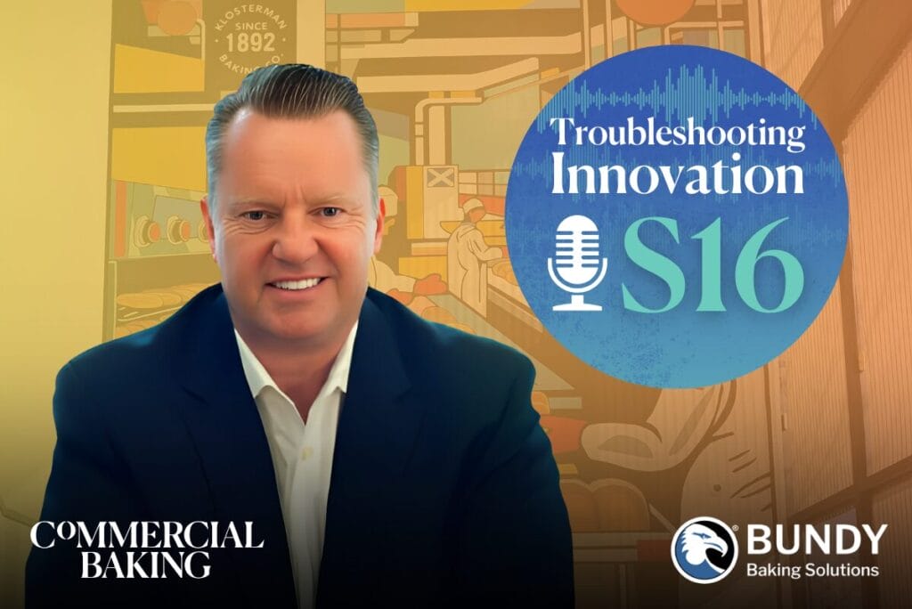 Dale Easdon, president and CEO of Klosterman Baking Co, next to logo for Troubleshooting Innovation Season 16 with yellow background