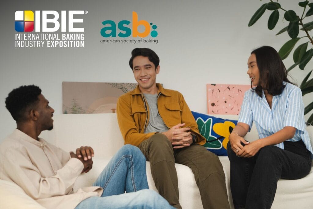 IBIE and American Society of Baking logos over image of three people sitting and talking