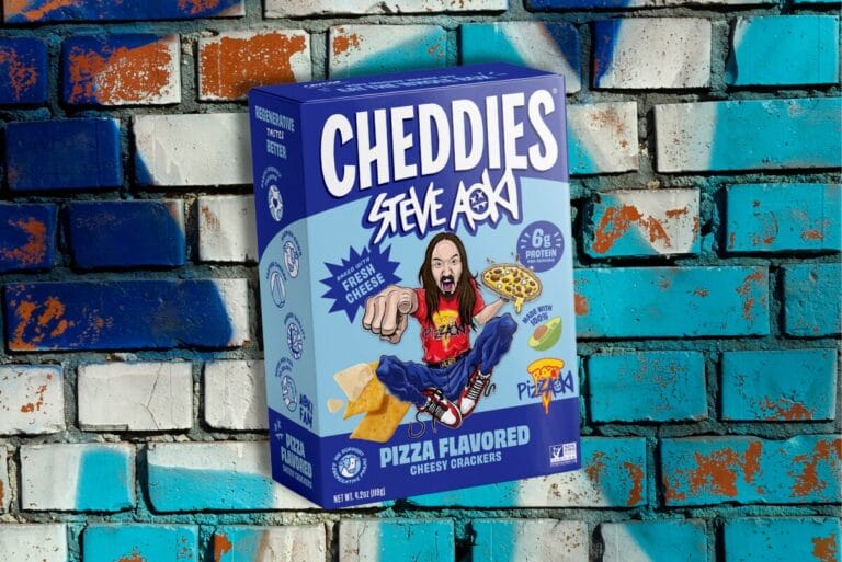 Box of Pizza-flavored Cheddies with graffiti brick background