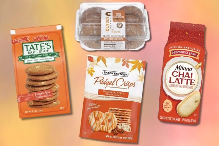 From left: Tate's pumpkin spice cookies, Clyde's apple cider donuts, Pepperidge Farm's milano chia cookies and Snack Factory's pumpkin spice pretzels on fall-colored background