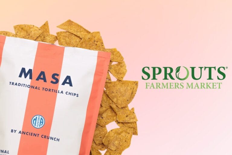 Masa Chips bag next to Sprouts Farmers Market logo on light pink background
