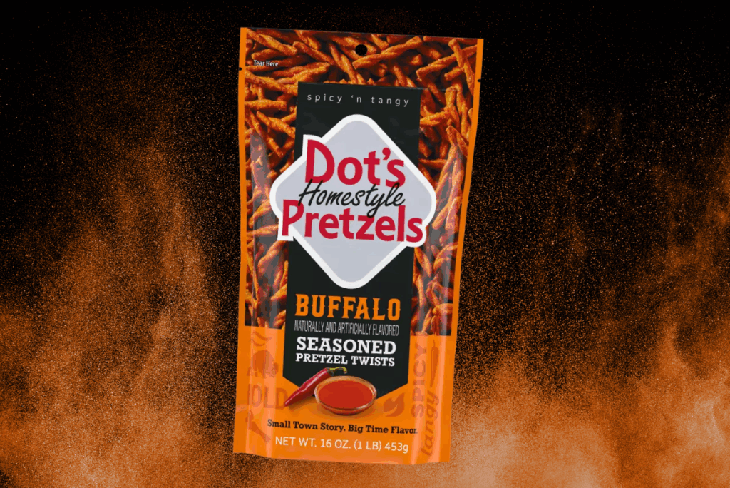 Bag of buffalo flavor Dot's Homestyle Pretzel with orange flame background