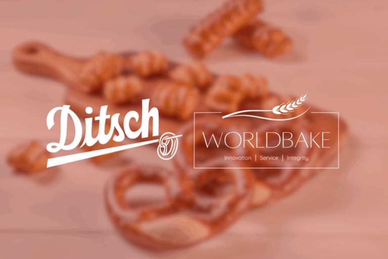 Ditsch and WorldBake logos over blurry red picture of pretzels