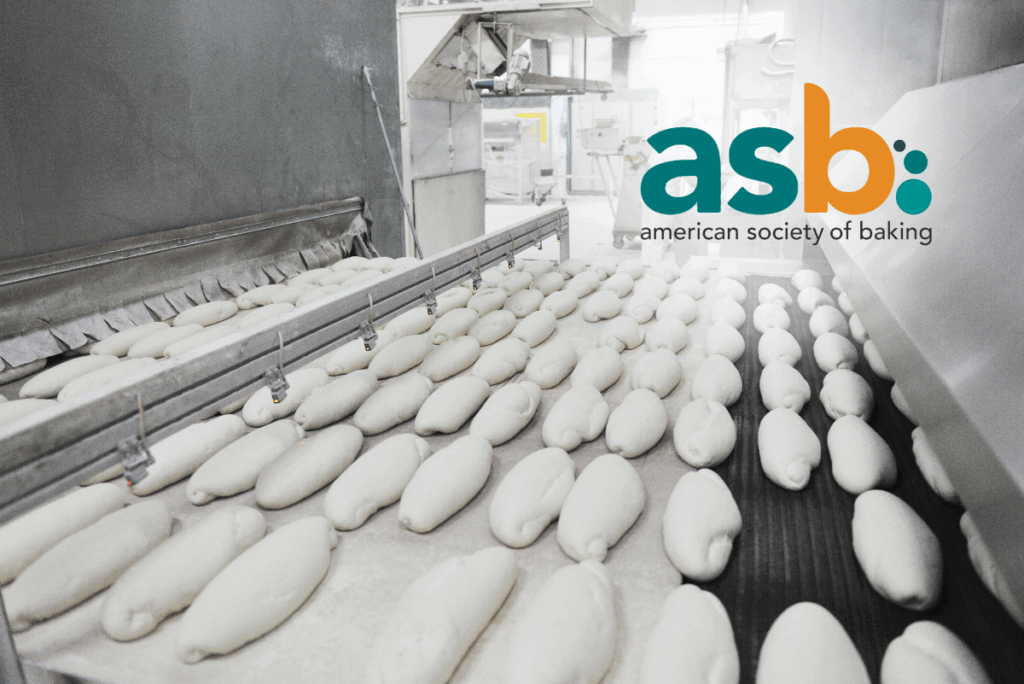 American Society of Baking logo in upper right corner of image showing commercial bread production