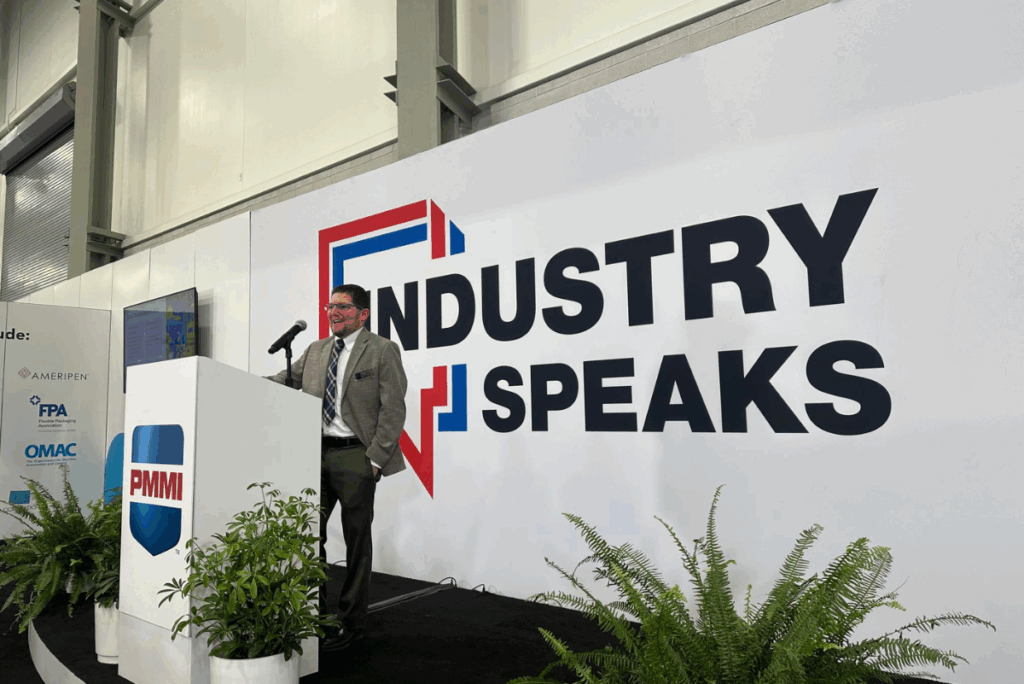 Andy Lomasky of PMMI presenting on the Industry Speaks stage at Pack Expo 2025
