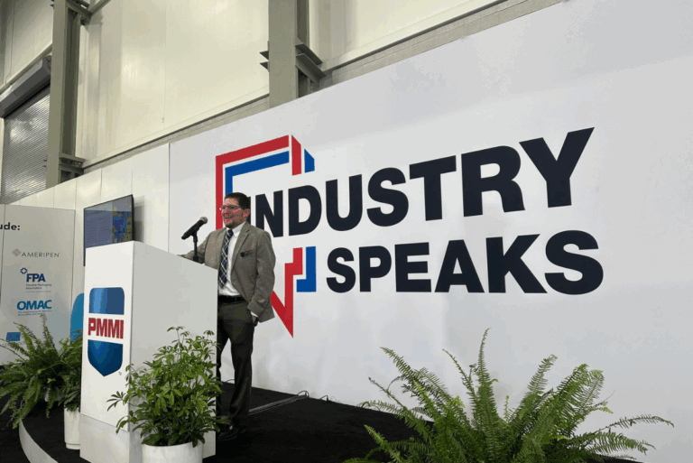 Andy Lomasky of PMMI presenting on the Industry Speaks stage at Pack Expo 2025