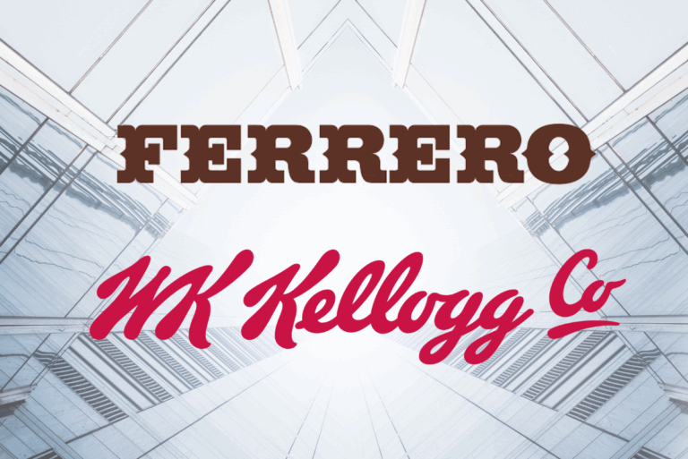 Ferrero and WK Kellogg Co. logos on grey geometric background