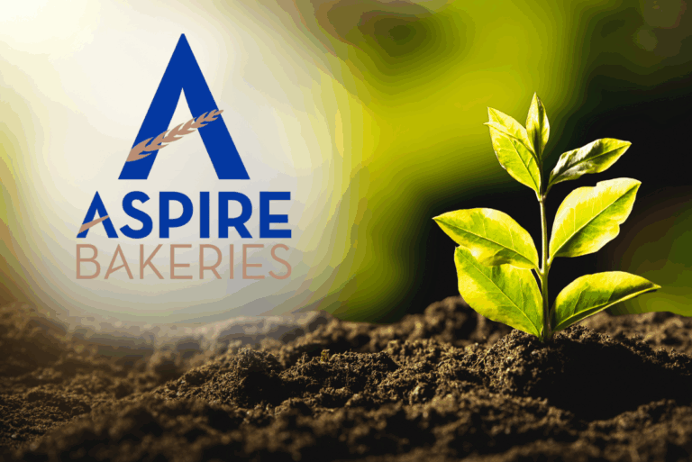 Aspire Bakeries logo over sustainability-themed background