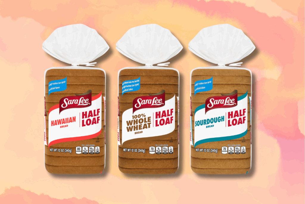 Sara Lee half loaves of bread in one hundred percent whole wheat, sourdough and Hawaiian flavors