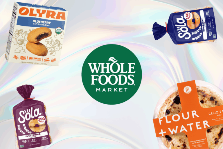 Whole Foods logo surrounded by packaged Sola bagels, Olyra soft baked bites and Flour + Water pizza