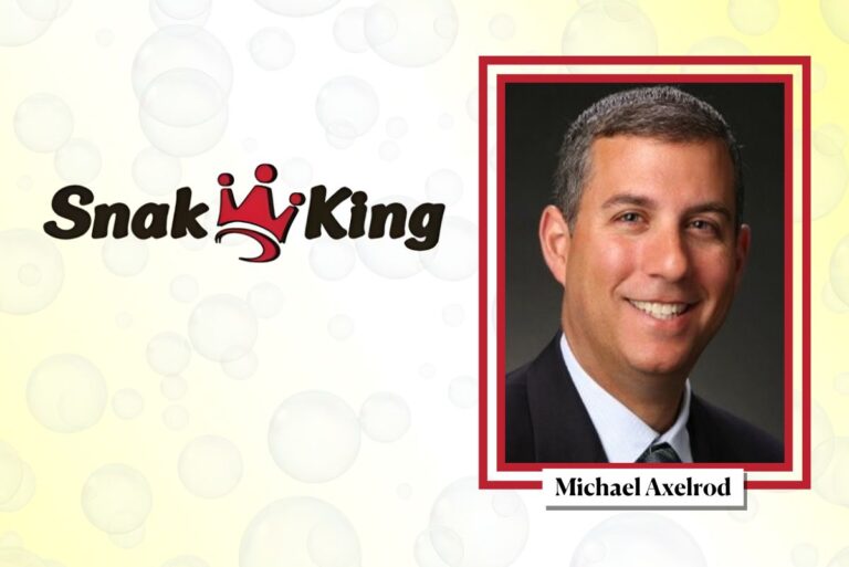 Snak King new CEO Michael Axelrod on gradient background