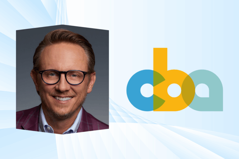 Headshot of Mark Smucker next to Consumer Brands Association logo on light blue background