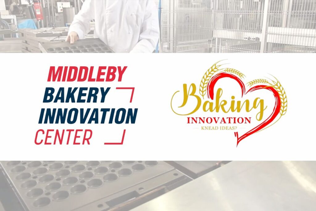 Middleby Baker Innovation Center and Baking Innovation logos over blurred background of baking trays