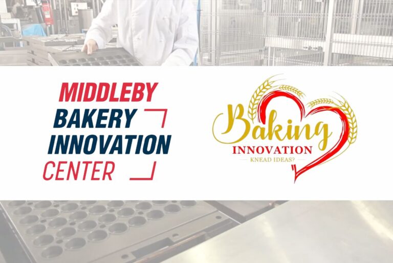Middleby Baker Innovation Center and Baking Innovation logos over blurred background of baking trays
