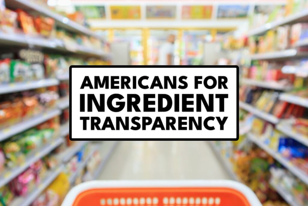 Logo for Americans for Ingredient Transparency coalition with grocery store aisle background