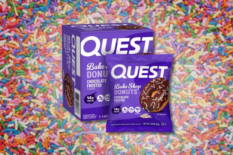 Quest Nutrition's protein donuts on sprinkle background