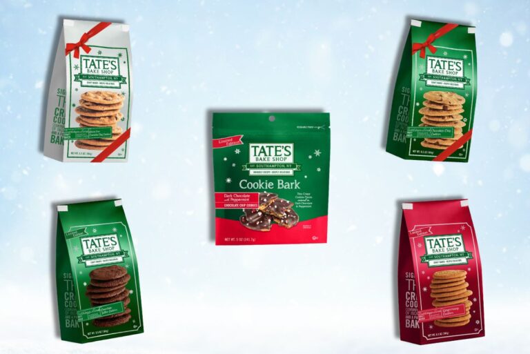 packages of Tate's Bake Shop cookies, featuring the Gluten-Free and Original Chocolate Chip Cookies holiday packaging, Chocolate Toffee Cookies, Gingersnap Cookies, and Dark Chocolate Peppermint Cookie Bark