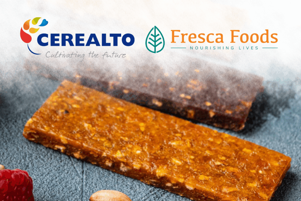 Cerealto and Fresca Foods logos with image of snack bars on blue-grey surface
