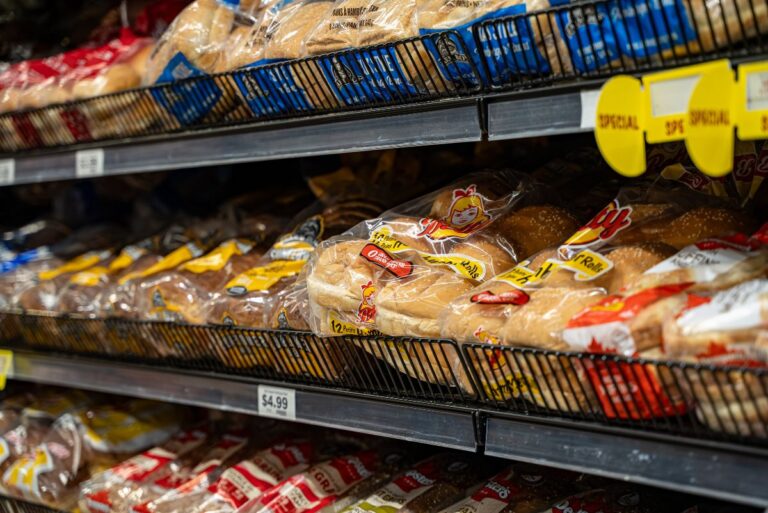 loaves of commercial bread in grocery store