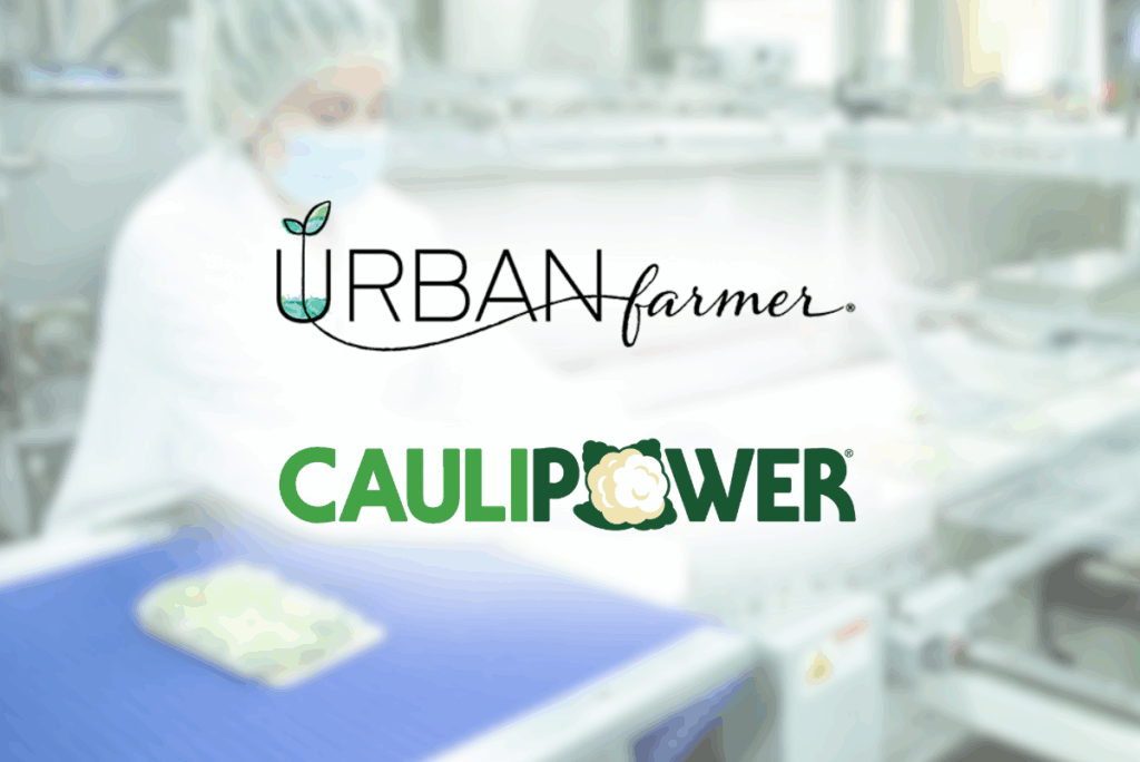 Urban Farmer and Caulipower logos over blurry image of pizza manufacturing line