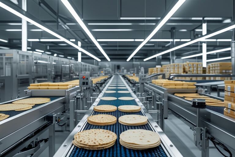 Tortillas on a production line in a commercial bakery