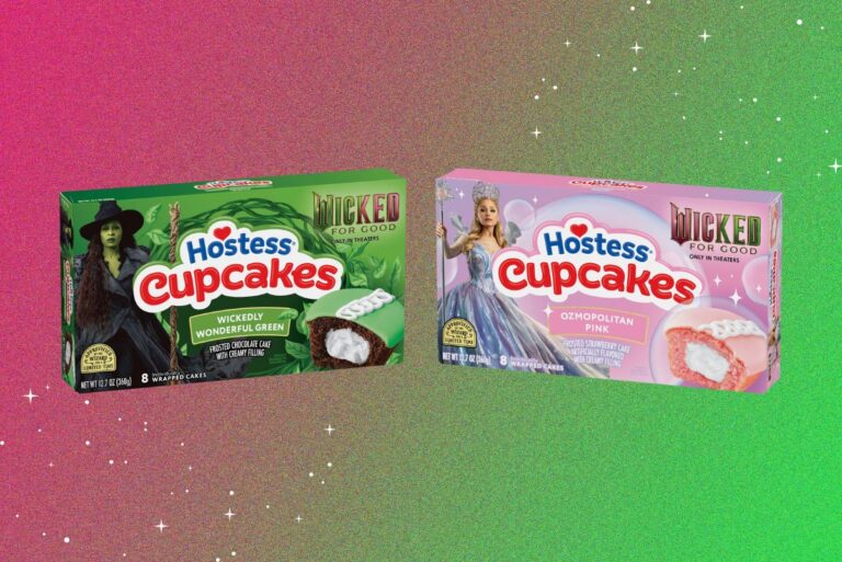 Wicked-themed Hostess Cupcakes on gradient pink and green background