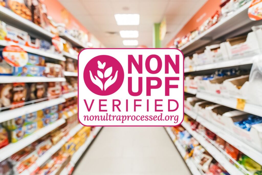 Non UPF Verified logo over grocery aisle background