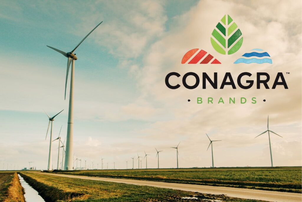 Field of windmills with Conagra Brands logo in upper right hand corner