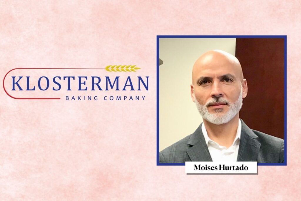 Moises Hurtado headshot and Klosterman Baking Co. logo on background