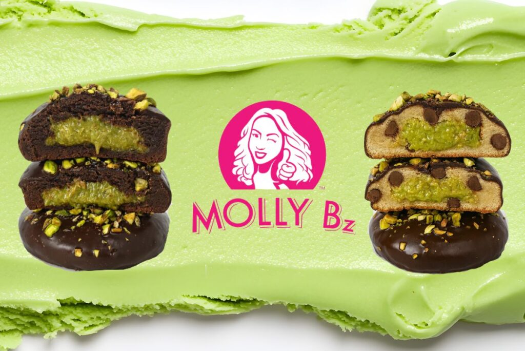 Molly Bz Cookies logo with Dubai Chocolate Cookie and Brownie offering