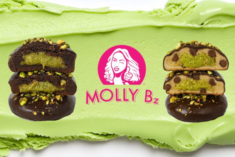 Molly Bz Cookies logo with Dubai Chocolate Cookie and Brownie offering