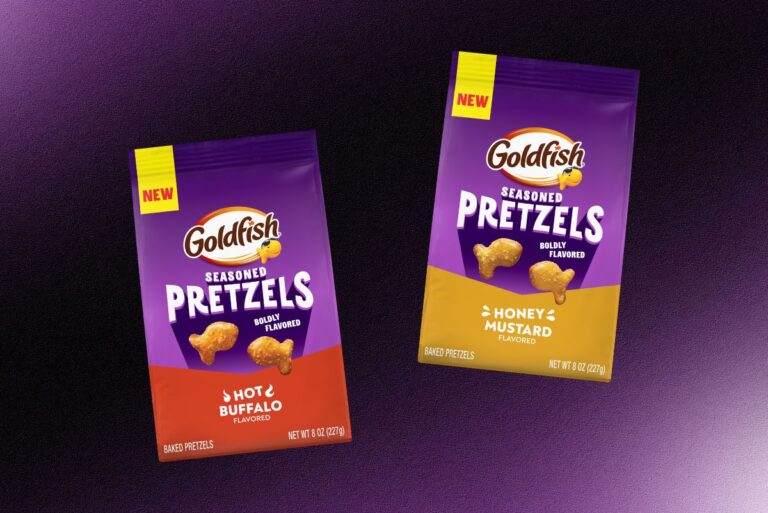 Goldfish Seasoned Pretzels on dark purple background