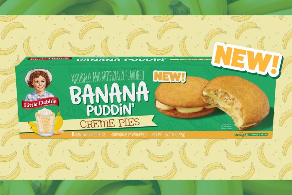 Box of Little Debbie Banana Puddin' Creme Pies with yellow and green background