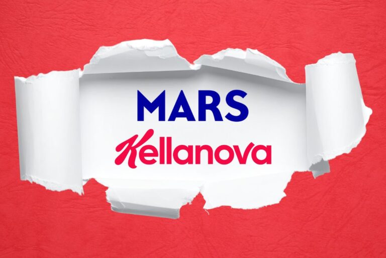 Mars and Kellanova logos with ripped paper border over red background