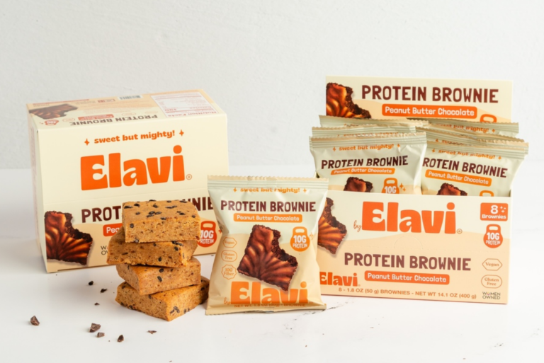 Boxes of Elavi Peanut Butter Chocolate Protein Brownies on white backdrop