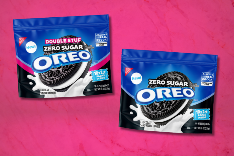 OREO Zero Sugar Double Stuf and Original bags with fuschia background